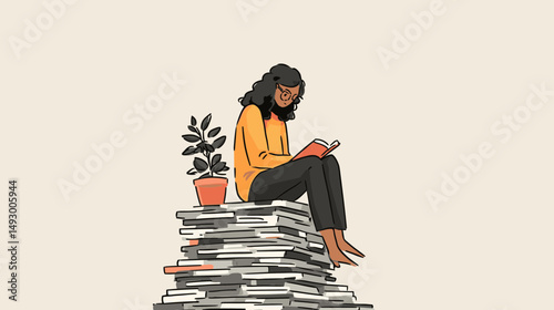 Reading Amongst Knowledge: A figure sits atop a towering stack of books, completely absorbed in the pages of a book, a small potted plant is placed beside.