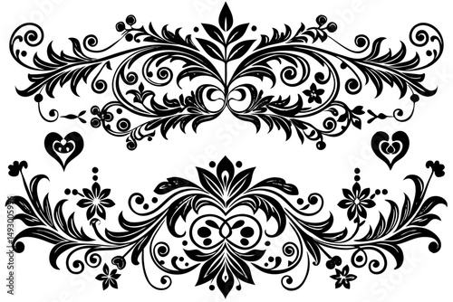 Abstract black floral ornament vector design element with decorative swirl pattern