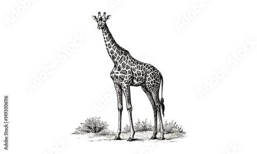 Giraffe Walking Illustration, Vintage Hand-drawn Engraving, Safari Mammal Etching, Black and White Wildlife Print, Nature Decor, Monochrome Sketch, Classic Animal Art