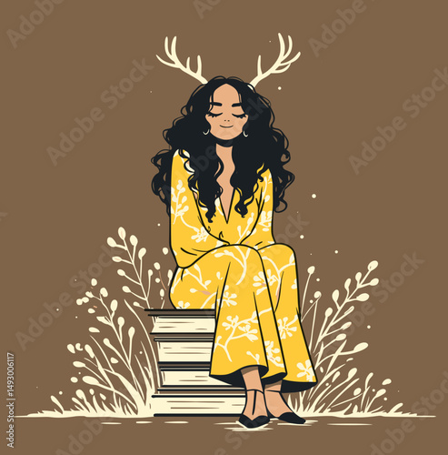 Serene Embrace: A young woman with long, flowing black hair adorned with antlers sits atop a stack of books, emanating tranquility. The image features a whimsical charm. 