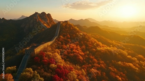Majestic great wall of china at sunrise with vibrant autumn foliage