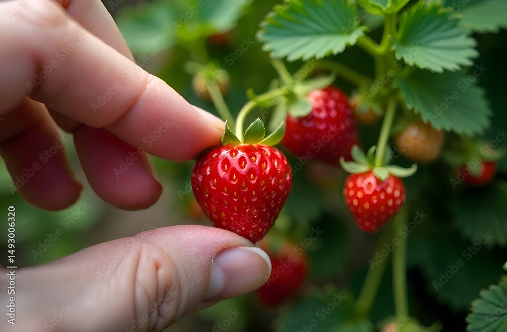 Obraz premium Gardening and agriculture concept. Female farm worker hand harvesting red fresh ripe organic strawberry in garden. Vegan vegetarian home grown food production. Woman picking strawberries in field.
