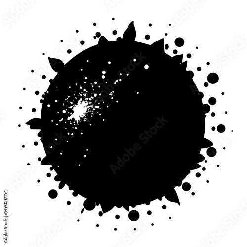 Vector ink blot splatters, grunge paint splashes, and abstract black splats illustrate a dirty texture design element