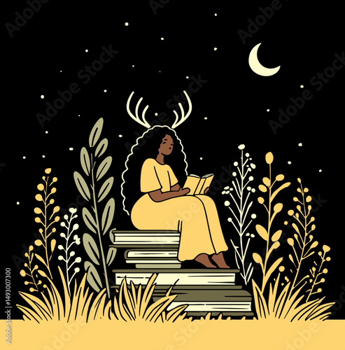 Solitary Reader under the Night Sky: A serene woman finds solace in reading, perched atop a stack of books beneath a starlit sky and crescent moon.