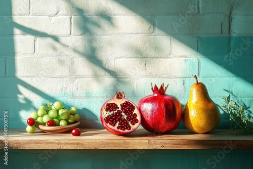 A still life of vibrant fruits: pomegranate, pear, grapes, and cherries bathed in sunlight.
