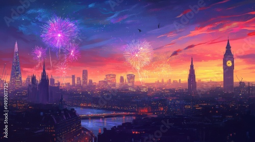 London New Year skyline with fireworks illuminating cityscape in vibrant colors at sunset.