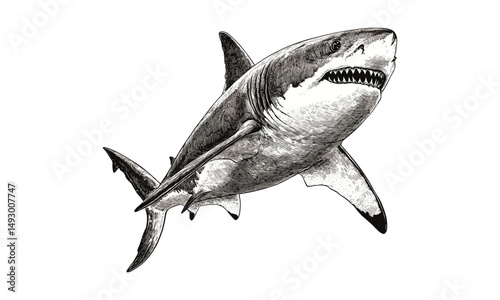 Vintage Great White Shark sketch, monochrome engraving, hand-drawn predator illustration, ocean wildlife art, old marine print, black and white etching, sea life decor, ocean predator