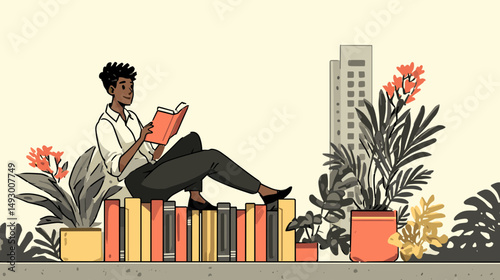 Literary Haven: A serene illustration of a person immersed in a book, perched atop a row of books amidst an urban garden.