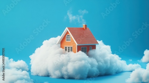 House on top of white cloud with blue background