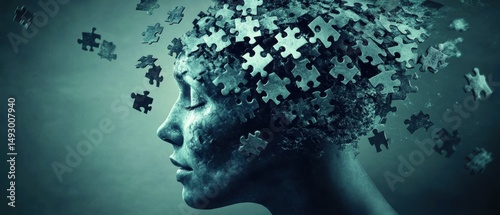 Human head breaking apart with puzzle pieces, showcasing a disintegrating mind due to Alzheimer s, dementia, or mental health issues Generative AI, dark and thoughtprovoking