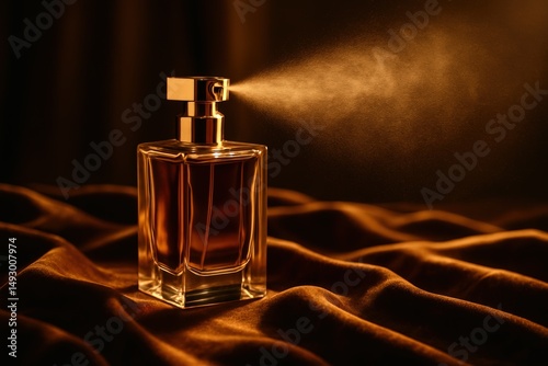 Luxurious perfume bottle on silky fabric with elegant ambiance for fragrance design