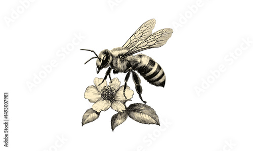 Vintage honeybee engraving, hand-drawn insect line art, monochrome fauna etching, rustic nature print, detailed floral drawing, old style wildlife sketch, garden art, black sketch