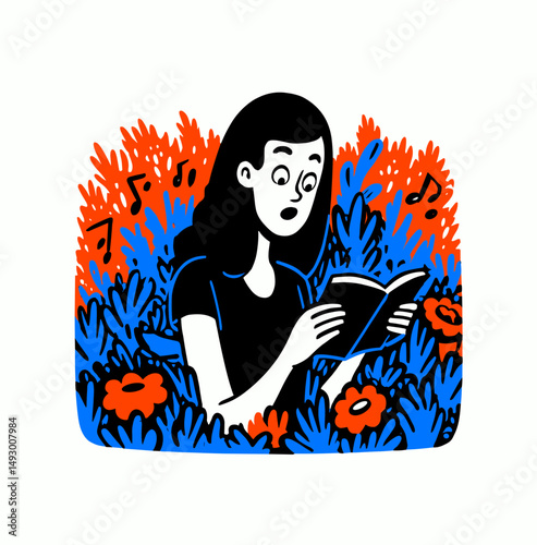 Lost in a Story: A woman, lost in the world of words, is engrossed in a captivating book, surrounded by floral designs and musical notes.