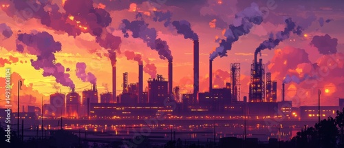 Industrial landscape at dusk with illuminated refinery and smokestacks emitting vapor