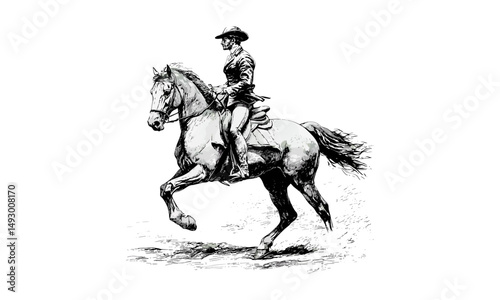 Horse and Rider Engraving, Vintage Equestrian Illustration, Monochrome Sketch, Rustic Farm Decor, Old Style Etching, Country Wall Art, Trendy Rural Artwork, Black and White Drawing