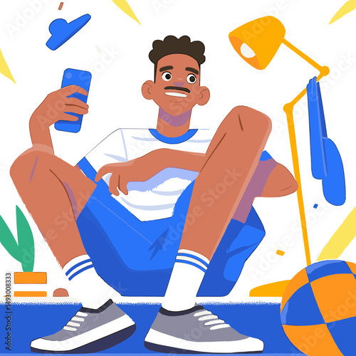 Relaxed Man with phone in Studio: An animated illustration depicts a casual scene with a person, clutching a smartphone.