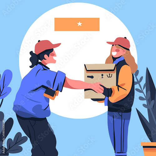 Delivery Happiness:  A friendly delivery person hands a package to a smiling customer, symbolizing the satisfaction and joy that comes with receiving a delivery.  