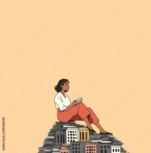 Literary Contemplation: A pensive young woman sits perched atop a stack of books and architectural models, engrossed in reading.