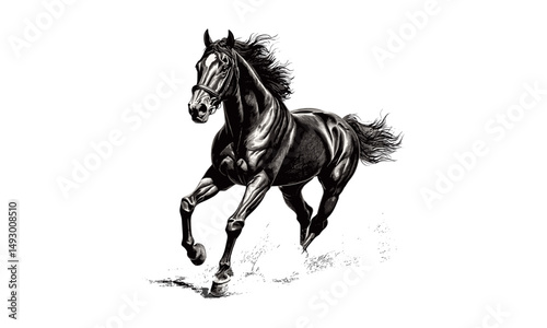 Vintage horse engraving, hand-drawn monochrome etching, running equine sketch, ranch art print, country decor, black line art, rustic animal illustration, western style