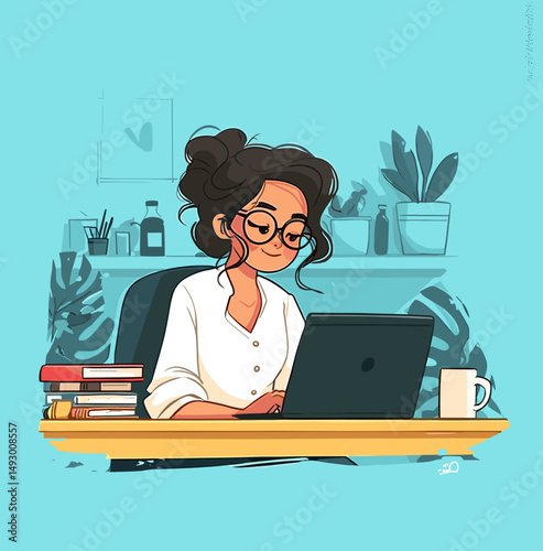 Woman Working at Home: A cheerful cartoon woman, sitting at a desk, engrossed in work with a laptop, surrounded by books and plants in a clean, comfortable, and stylish home office setting.
