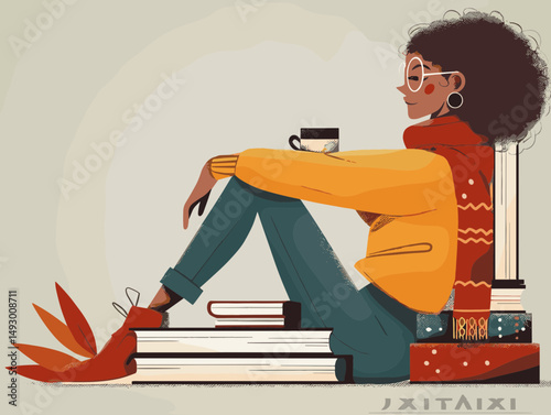 Literary Leisure: An artistic portrayal of a woman engrossed in a book, accompanied by coffee. The illustration evokes a sense of calm and intellectual pursuit, perfect for a relaxing moment.