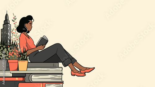 Serene Reader's Moment: An illustration of a woman enjoying a book while relaxing with books beside skyline. the picture gives calm feelings. 