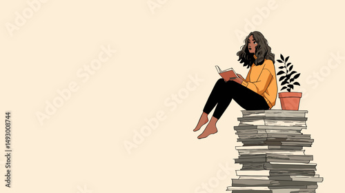 Bookish Muse: A serene depiction of a woman engrossed in a book, seated atop a stack of books with a potted plant, capturing the quiet joy of reading and contemplation.
