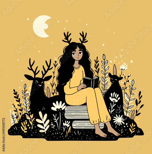 Night Reading with Fauns: A young woman with deer antlers sits peacefully amidst a mystical garden, reading a book under the soft glow of the moon. Two dark fauns flank her.