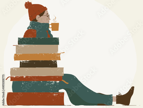 Cozy Reader: A person sits atop a stack of books, wrapped warmly with a drink, lost in the world of literature. A perfect embodiment of the joy of reading and comfort.