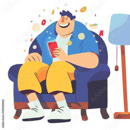 A Moment of Joy: A cheerful illustration depicts a man in relaxed repose, absorbed in his phone, surrounded by celebratory confetti, embodying a moment of pure joy and contentment.