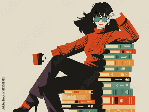 Literary Luxe: Chic Illustration of a Woman Relaxing with Books and Coffee. It captures the elegance of a lady leisurely enjoying the luxury of knowledge and relaxation.