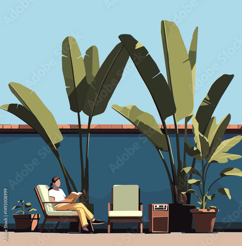 Reading Under Palms: A solitary person finds peace, relaxing in a modern outdoor setting amidst lush green tropical plants, with a book and comfortable seating.
