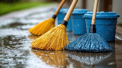 Wet sidewalk swept with yellow and blue brooms.  Buckets nearby
