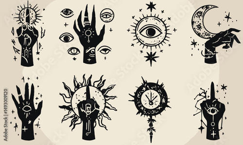 Mystical Symbols: A collection of striking black and white mystical symbols, each conveying a sense of mystery and magic, ideal for designs related to esoteric themes.