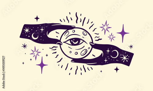 Mystical Vision: An intricate illustration depicting two hands cradling a celestial orb, adorned with an all-seeing eye and surrounded by celestial elements, evokes a sense of mystery, spirituality.