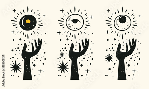 Mystical Hand Gestures and Celestial Symbols: An enigmatic composition where hands reach toward celestial bodies, a sun, an eye and a moon, amidst radiant stars.