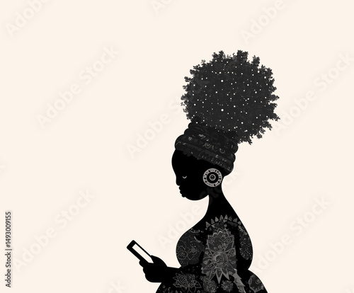 Digital Serenity: An African woman, a fusion of culture and modernity, is lost in the glow of her phone. Evoking an air of contemporary connectivity.