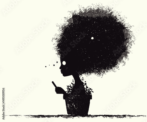 Silhouette Dreamer: A captivating silhouette of a figure immersed in thoughts, her floral hair like a constellation. A symbol of introspection and growth.
