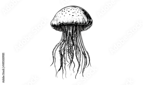 Hand-drawn vintage jellyfish sketch, old engraving style, monochrome ocean wildlife etching, retro sea creature art, nautical decor, black and white illustration, trendy marine design