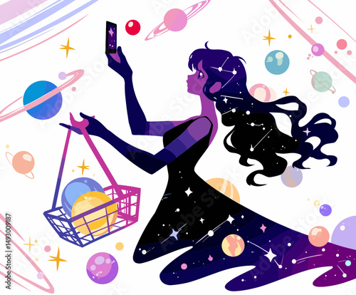 Cosmic Shopping: A person, infused with celestial essence, navigates an enchanting shopping experience among planets and stars, gracefully holding a shopping basket and a smartphone.