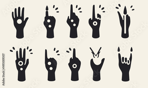 Gesture Spectrum: A graphic design showcasing a collection of hand gestures in a minimalist style, offering versatility for various applications and visual communication.