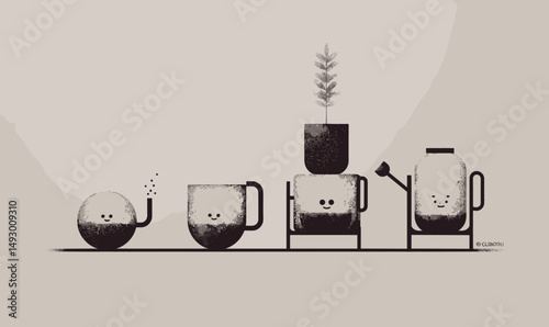 Joyful Brew: Charming illustrations of cups and a teapot bring a sense of coziness and the joy of enjoying a good cup of tea.