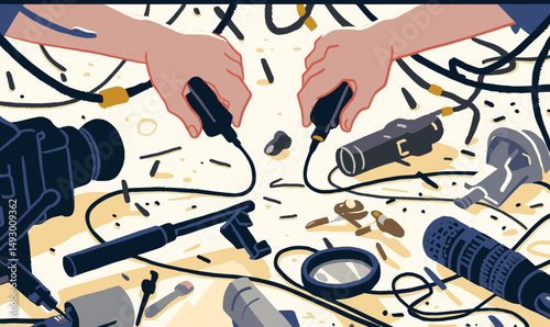 Camera Repair Kit: A detailed illustration showcasing a cluttered workbench filled with various camera repair tools, parts, and cables.