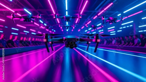 Futuristic Drone Racing Competition in a Neon-Lit Arena