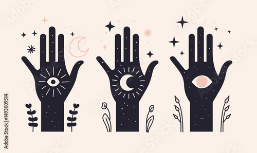 Mystical Hands: An artistic arrangement of three hands, each intricately adorned with celestial symbols, embodies the essence of divination, spirituality, and cosmic connection.