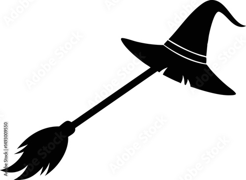 Broom With Witch Hat Silhouette Vector Illustration