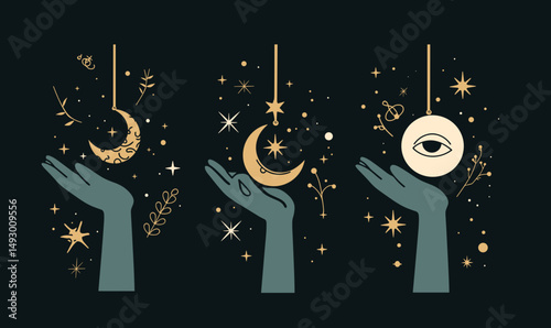 Mystical Celestial Elements: Three delicate hands, each holding a celestial symbol – a crescent moon, a star, and an eye with a circle – against a deep navy background.