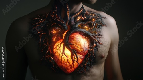 Glowing heart anatomy with fiery vessels on human chest