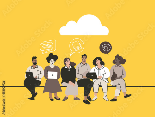 Connected by Cloud: A group of diverse individuals sits together, their laptops and phones connected to a large cloud above.