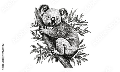 Retro Koala Engraving in Tree, Monochrome Wildlife Etching, Detailed Animal Line Art, Old Style Vintage Nature Print, Rustic Illustration, antique woodland art